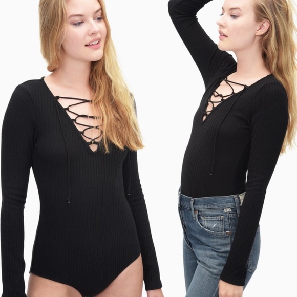 SPLENDID Sylvie Lace Up Ribbed Black Bodysuit - Picture 1 of 16